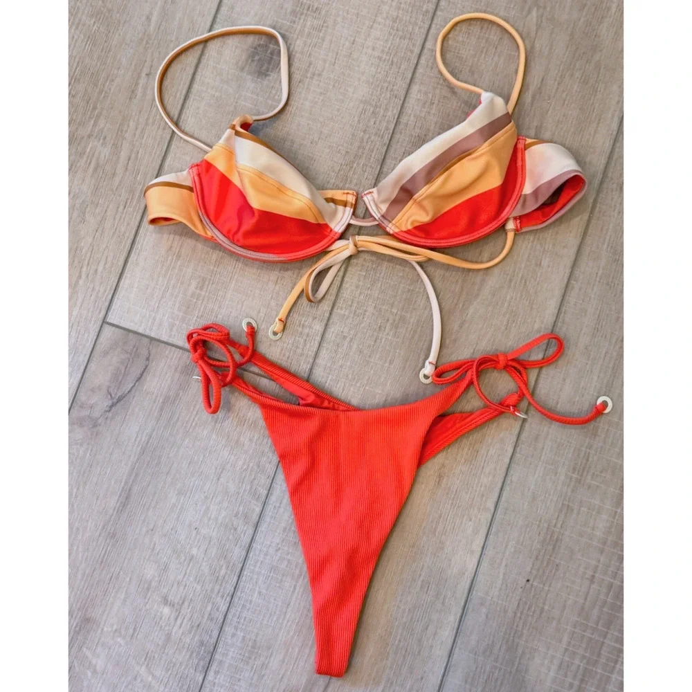 ZULU & ZEPHYR FREE PEOPLE CURVE TIE BIKINI BOTTOM STRIPE TOP SWIMSUIT SET SZ 10